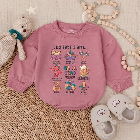 Mardi Gras Crawfish Baby Bubble Romper Outfit for Baby Girl, Newborn Bodysuit, Infant Clothes. Festive Fleur-de-Lis & Bow Design, Holiday Gift