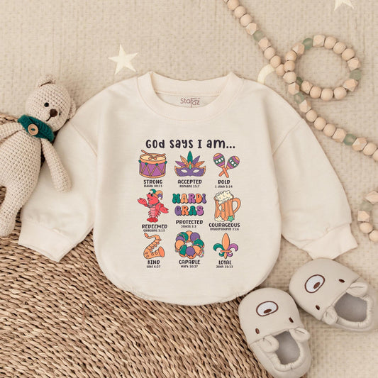 Mardi Gras Crawfish Baby Bubble Romper Outfit for Baby Girl, Newborn Bodysuit, Infant Clothes. Festive Fleur-de-Lis & Bow Design, Holiday Gift