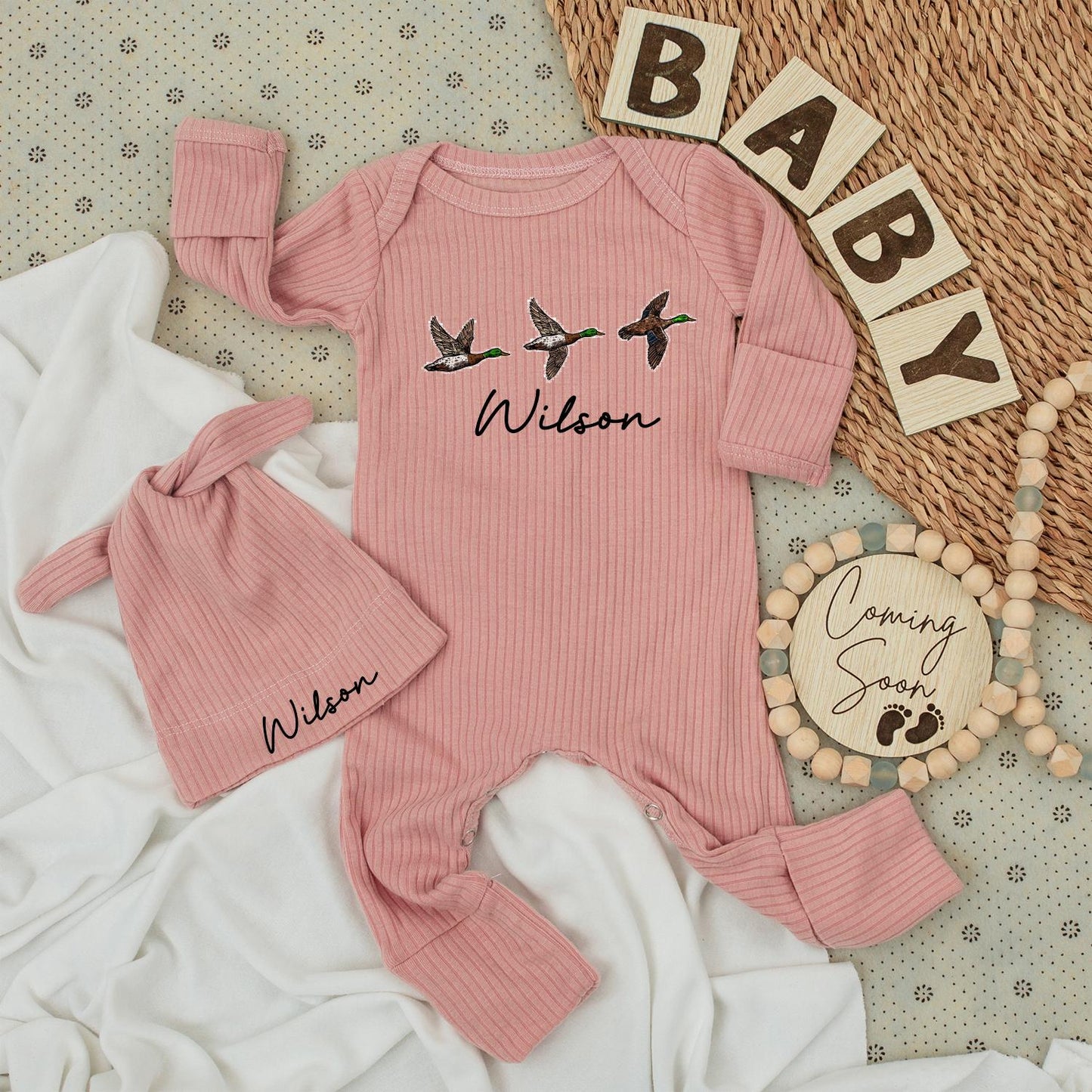 Personalized Wilson Mallard Duck Baby Bodysuit and Hat Set Cute Newborn Gift Nature Outdoor Outfit