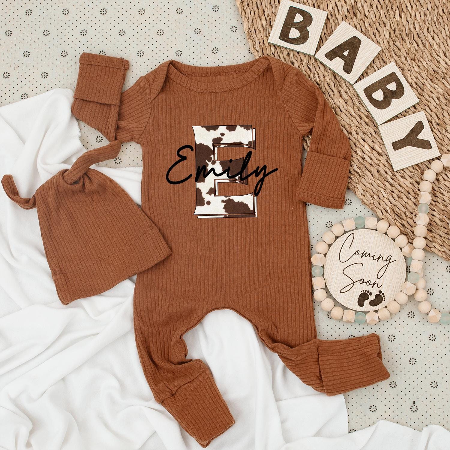 Personalized Cindy Cow Print Baby Bodysuit & Hat Set, Western Cowboy Romper, Custom Name Baby Gift, Pregnancy Announcement