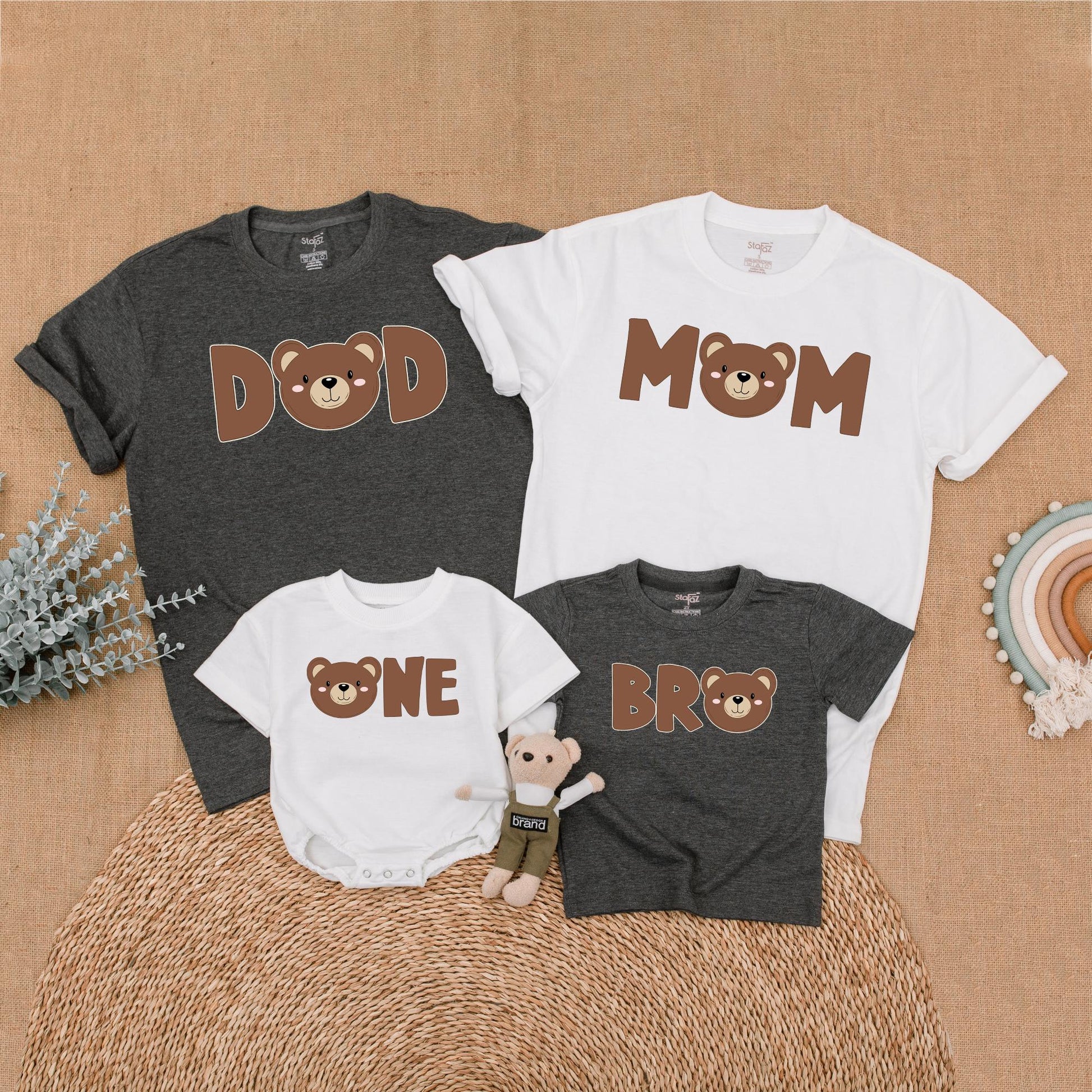 Matching Bear First Birthday Family Shirts Little Bear Birthday Girl Boy Outfit 1st Birthday Celebration Mom Dad Soft Cotton Bubble Romper