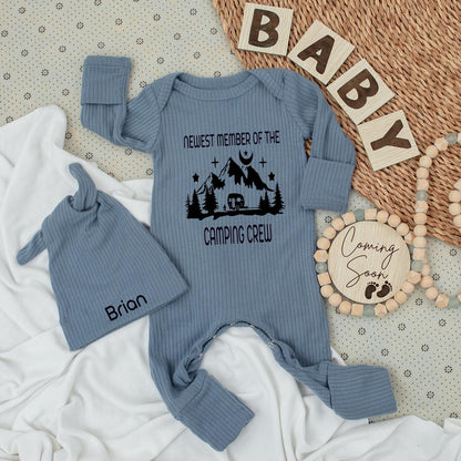 Newest Camping Crew Baby Bodysuit & Hat Set - Personalized "Brian" Camper Van Mountain Graphic Romper Outfit, Cute Family Matching Gift Idea (137 chars)