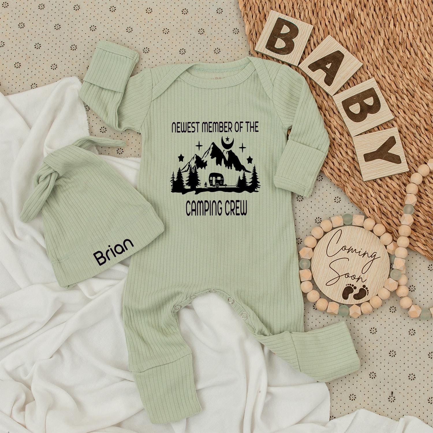 Newest Camping Crew Baby Bodysuit & Hat Set - Personalized "Brian" Camper Van Mountain Graphic Romper Outfit, Cute Family Matching Gift Idea (137 chars)