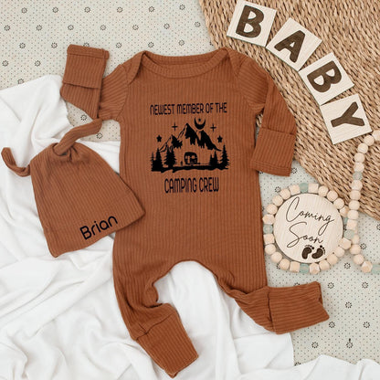 Newest Camping Crew Baby Bodysuit & Hat Set - Personalized "Brian" Camper Van Mountain Graphic Romper Outfit, Cute Family Matching Gift Idea (137 chars)