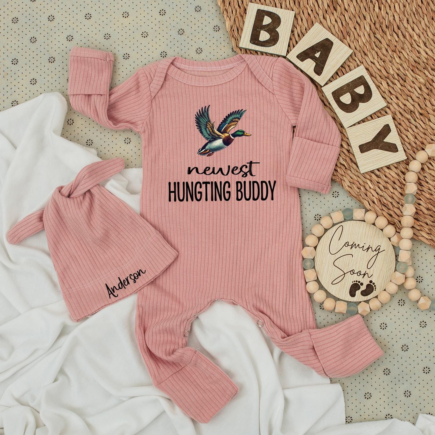 Future Hunting Buddy Bodysuit & Hat Set, Family Baby Romper Announcement Gift, Camping Newborn Outfit for Little Adventurer's First Hunt! 139