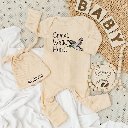 Personalized Crawl Walk Hunt Baby Bodysuit Hat Set with Flying Duck Design Cute Hunting Fishing Baby Outfit Newborn Announcement Gift