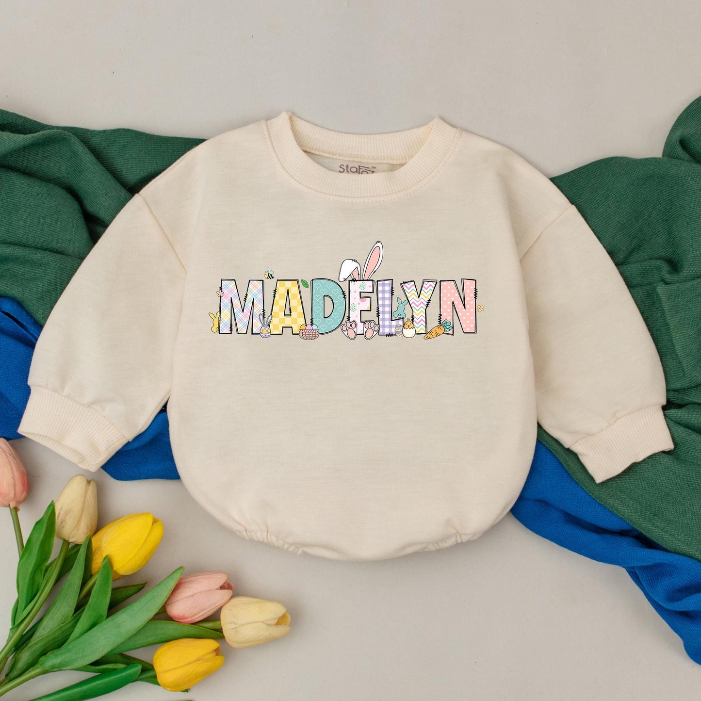 Personalized Easter Romper with Plaid Hearts & Bunny Graphics Cute Baby's 1st Easter Day Outfit Bubble Bodysuit Gift
