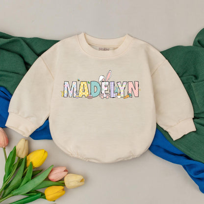 Personalized Easter Romper with Plaid Hearts & Bunny Graphics Cute Baby's 1st Easter Day Outfit Bubble Bodysuit Gift