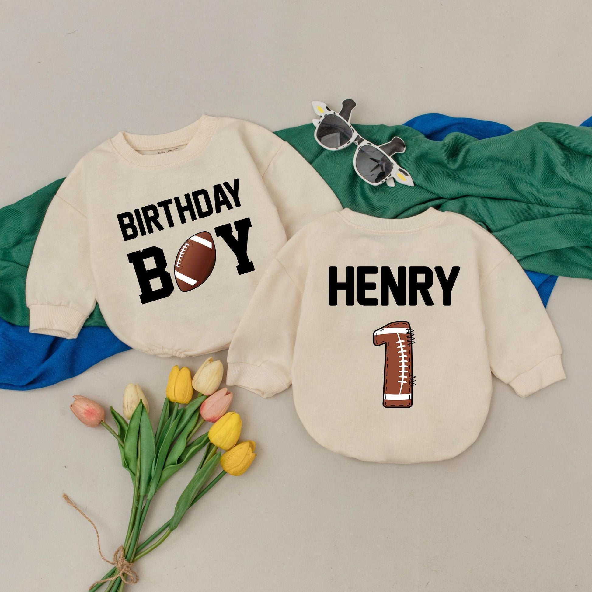 Personalized Football Birthday Boy Romper 1st Birthday Outfit for Baby Boy Sports Party Clothes