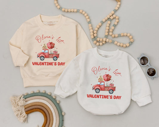 Olivia's 1st Valentine's Day Baby Romper Vintage Truck Gifts Heart Balloons Custom Name Newborn Outfit Baby Shower Gift Infant Clothes