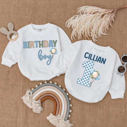 Personalized Blue Balloon Birthday Boy Bubble Romper for Baby Shower Gift or First Birthday Outfit