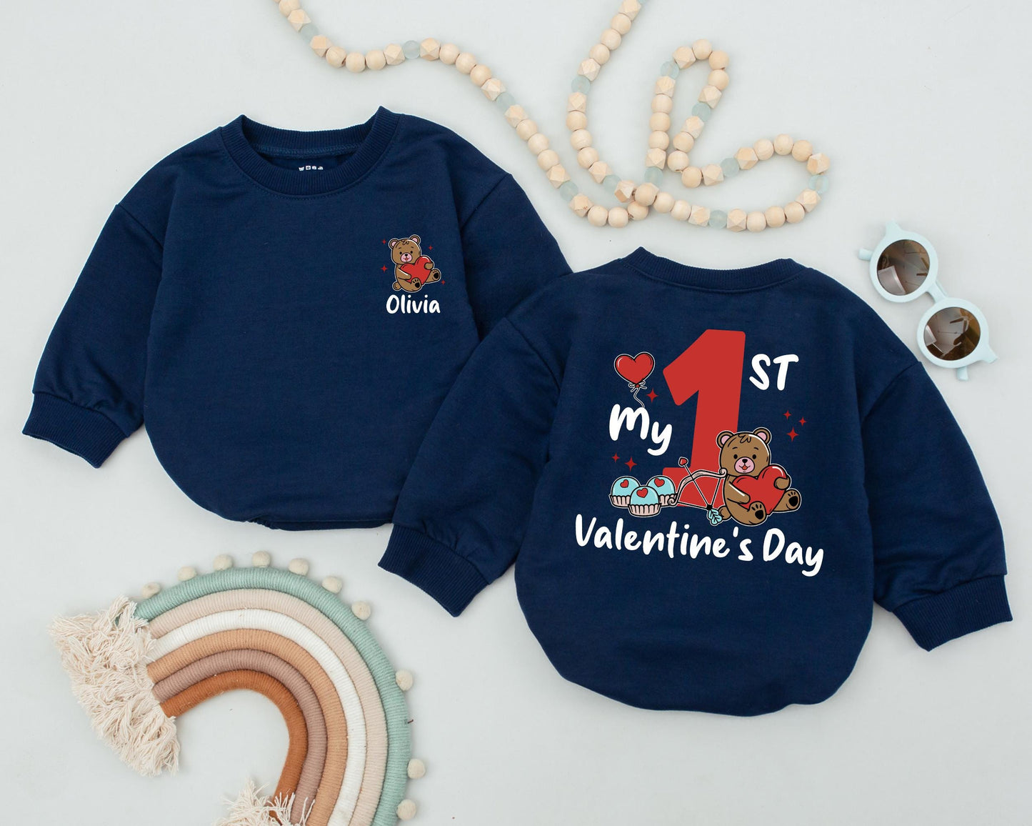 Custom Olivia Valentine's Day Romper for Baby Girl, Heart Teddy Bear & Name Newborn Outfit First Valentines Gift