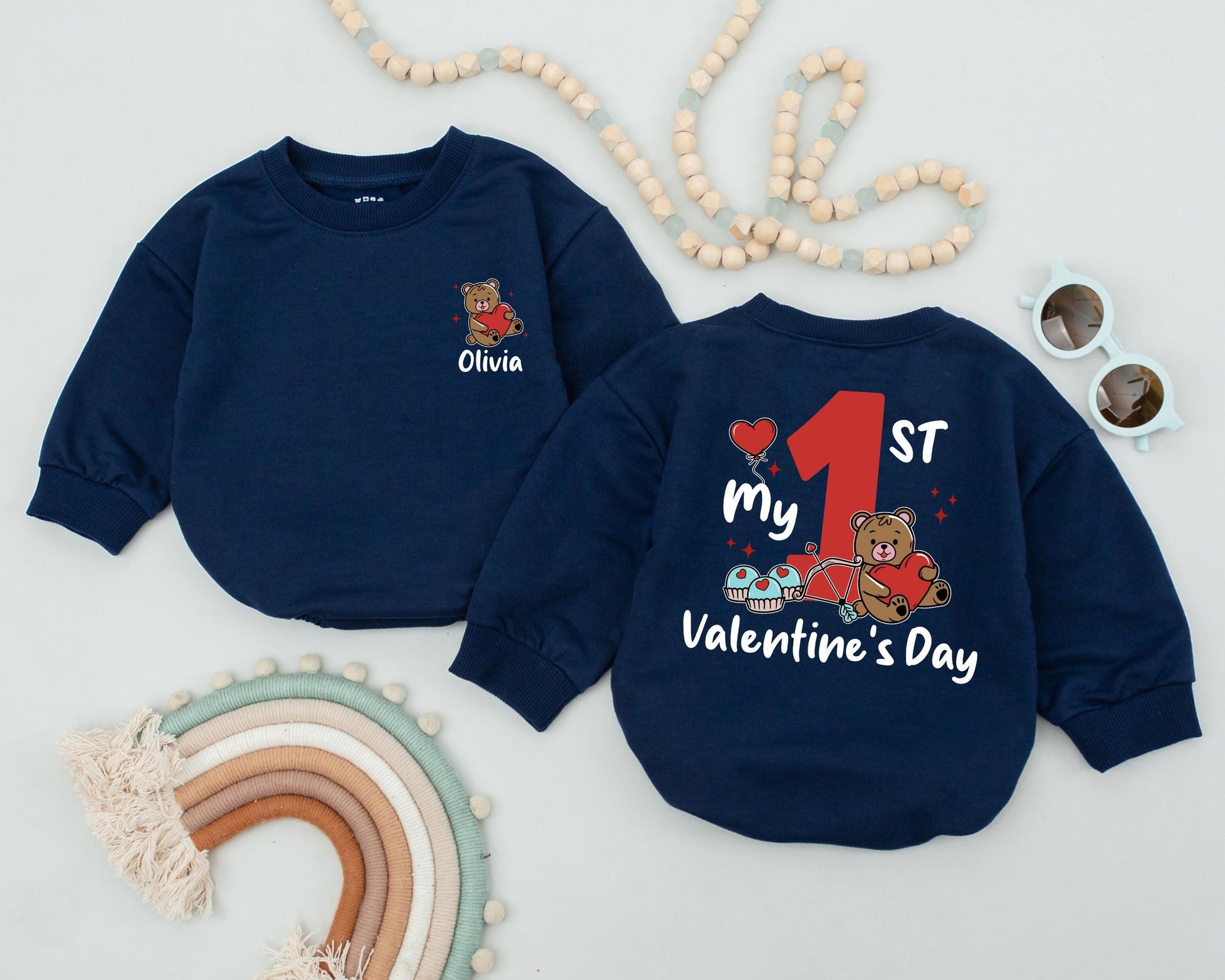 Custom Olivia Valentine's Day Romper for Baby Girl, Heart Teddy Bear & Name Newborn Outfit First Valentines Gift