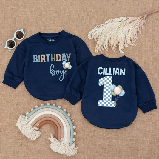 Personalized Blue Balloon Birthday Boy Bubble Romper for Baby Shower Gift or First Birthday Outfit