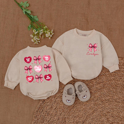 Valentine's Heart Bow Romper - Evelyn's Pink Hearts & Kiss Me Designs Baby Girl Valentine's Day Gift, Newborn Outfit, Baby Shower Gift