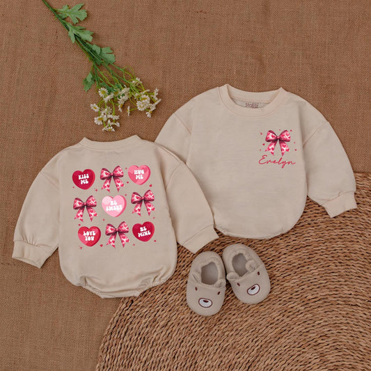 Valentine's Heart Bow Romper - Evelyn's Pink Hearts & Kiss Me Designs Baby Girl Valentine's Day Gift, Newborn Outfit, Baby Shower Gift