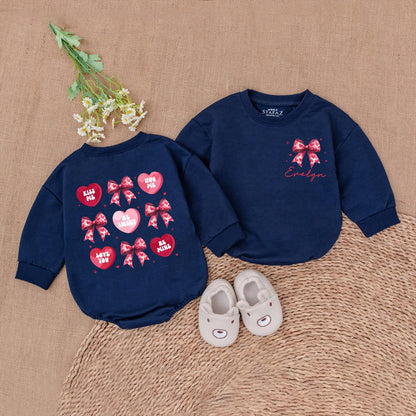 Valentine's Heart Bow Romper - Evelyn's Pink Hearts & Kiss Me Designs Baby Girl Valentine's Day Gift, Newborn Outfit, Baby Shower Gift