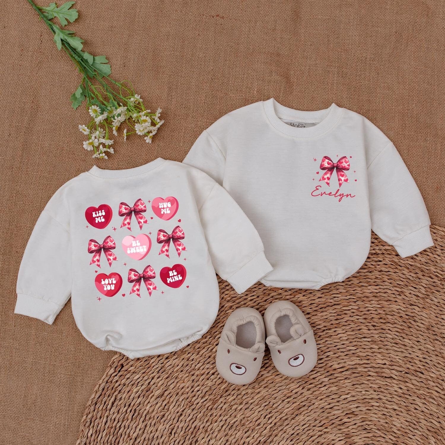 Valentine's Heart Bow Romper - Evelyn's Pink Hearts & Kiss Me Designs Baby Girl Valentine's Day Gift, Newborn Outfit, Baby Shower Gift