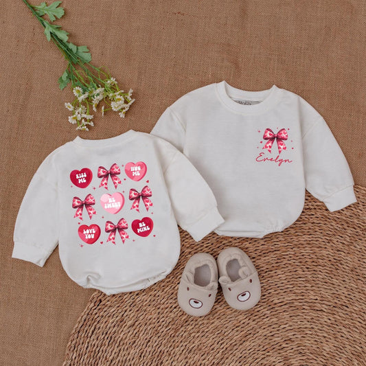 Valentine's Heart Bow Romper - Evelyn's Pink Hearts & Kiss Me Designs Baby Girl Valentine's Day Gift, Newborn Outfit, Baby Shower Gift