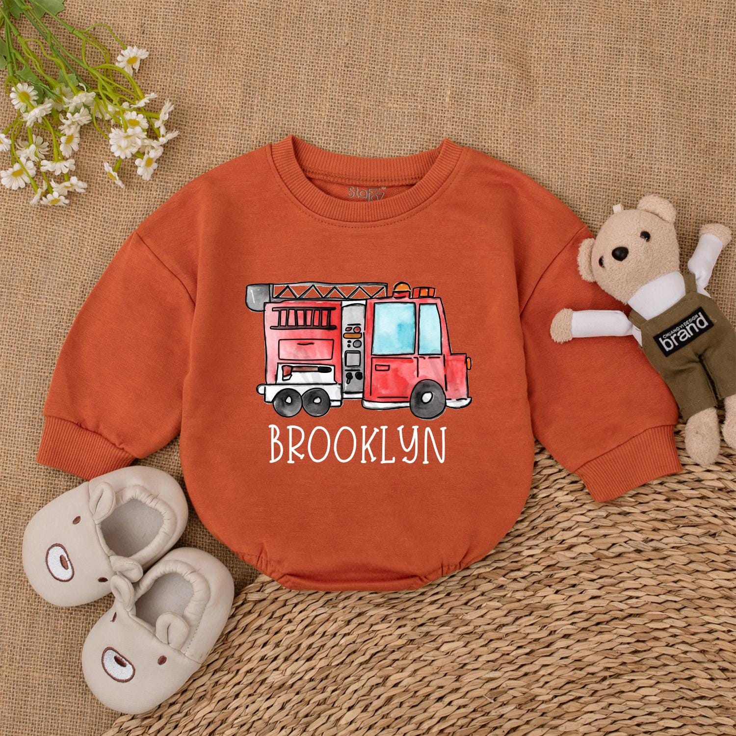 Custom Firetruck Name Romper Baby Bodysuit First Birthday Firefighter Outfit Newborn Shower Gift