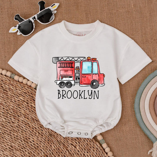 Custom Firetruck Name Romper Baby Bodysuit First Birthday Firefighter Outfit Newborn Shower Gift