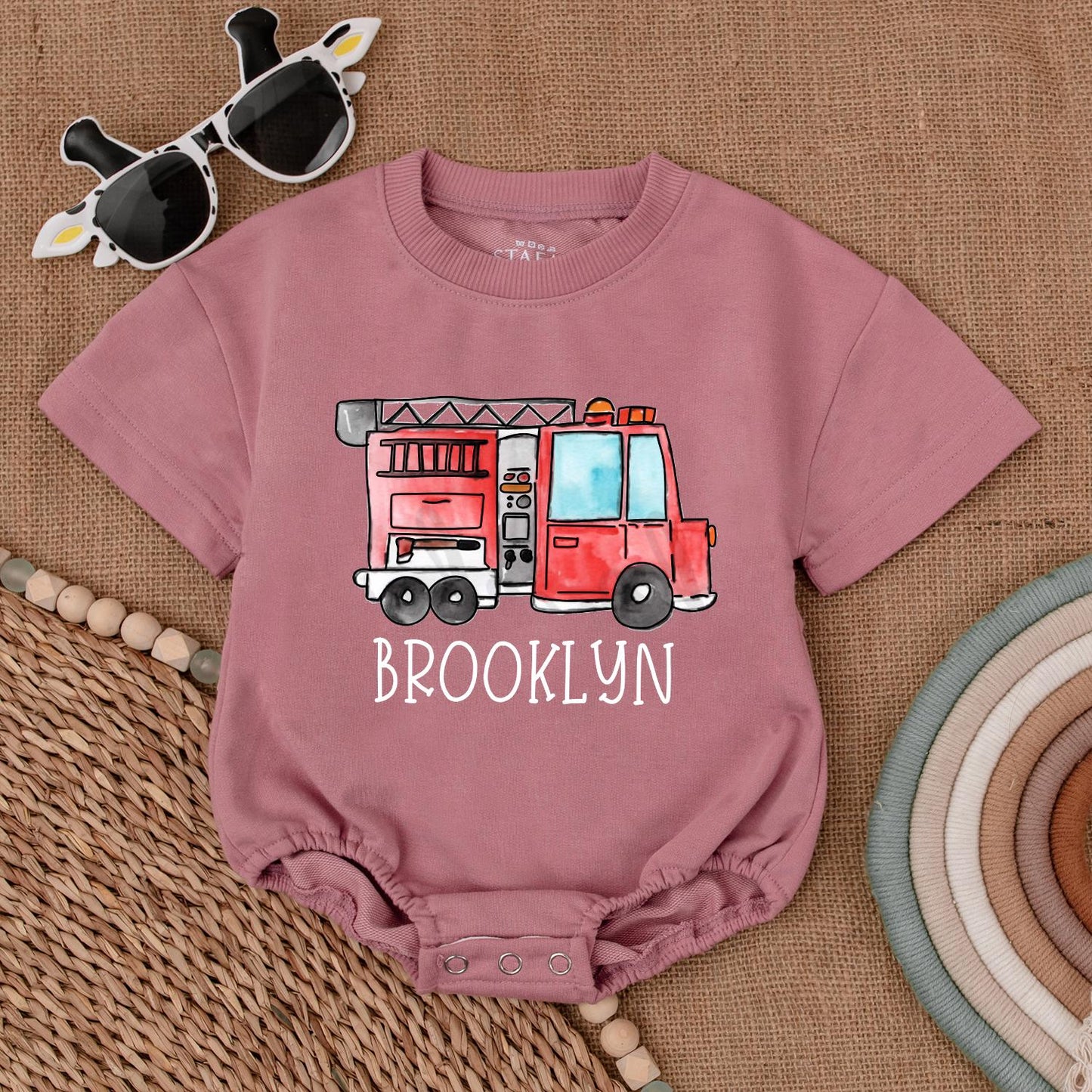 Custom Firetruck Name Romper Baby Bodysuit First Birthday Firefighter Outfit Newborn Shower Gift