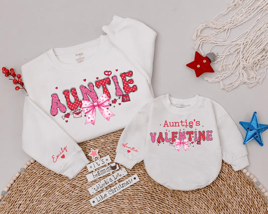 Auntie's Valentine Sweatshirt with Hearts & Pink Leopard Bubble Letters - Cute Aunt Niece Gift