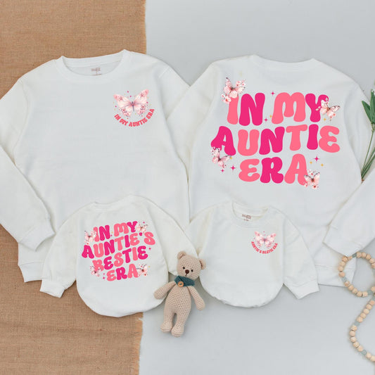In My Auntie Era Matching Outfit: Butterfly Sparkle Sweatshirt & Baby Romper Set for Auntie's Bestie, Godmother Gift, Cute Niece Matching Set (139 chars)