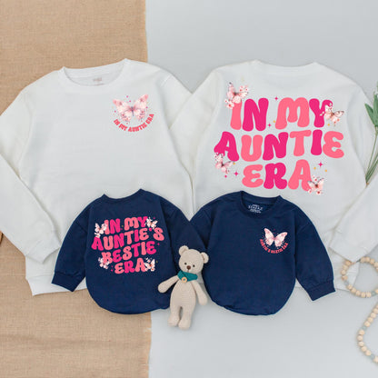 In My Auntie Era Matching Outfit: Butterfly Sparkle Sweatshirt & Baby Romper Set for Auntie's Bestie, Godmother Gift, Cute Niece Matching Set (139 chars)