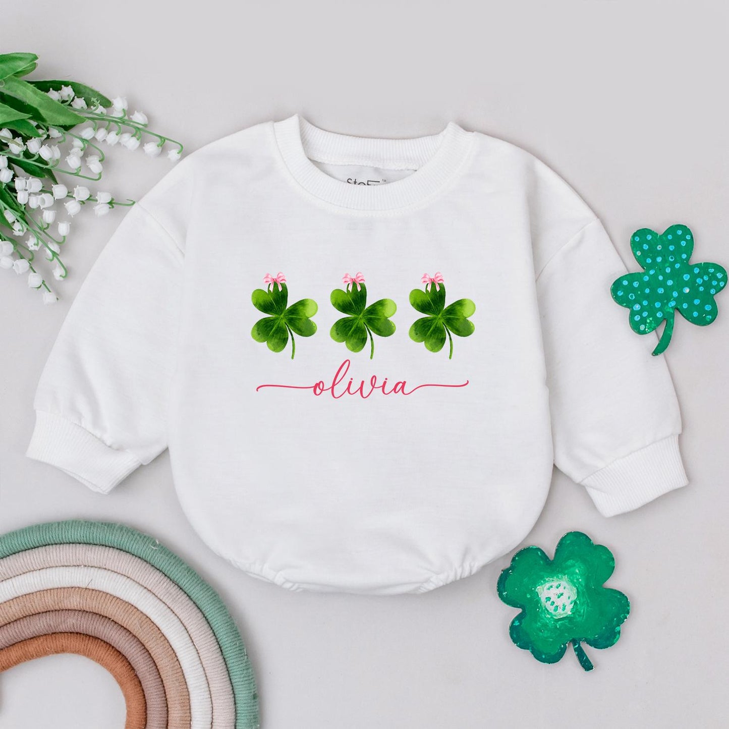 Personalized Clover Romper: Lucky Name Sweatshirt Outfit for Baby Girl, St. Patrick's Day Irish Gift, Four Leaf Clover Newborn Outfit, Custom Name 135 chars