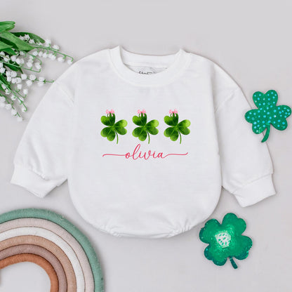 Personalized Clover Romper: Lucky Name Sweatshirt Outfit for Baby Girl, St. Patrick's Day Irish Gift, Four Leaf Clover Newborn Outfit, Custom Name 135 chars