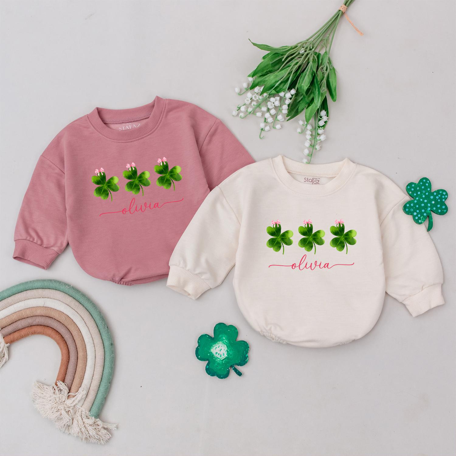 Personalized Clover Romper: Lucky Name Sweatshirt Outfit for Baby Girl, St. Patrick's Day Irish Gift, Four Leaf Clover Newborn Outfit, Custom Name 135 chars