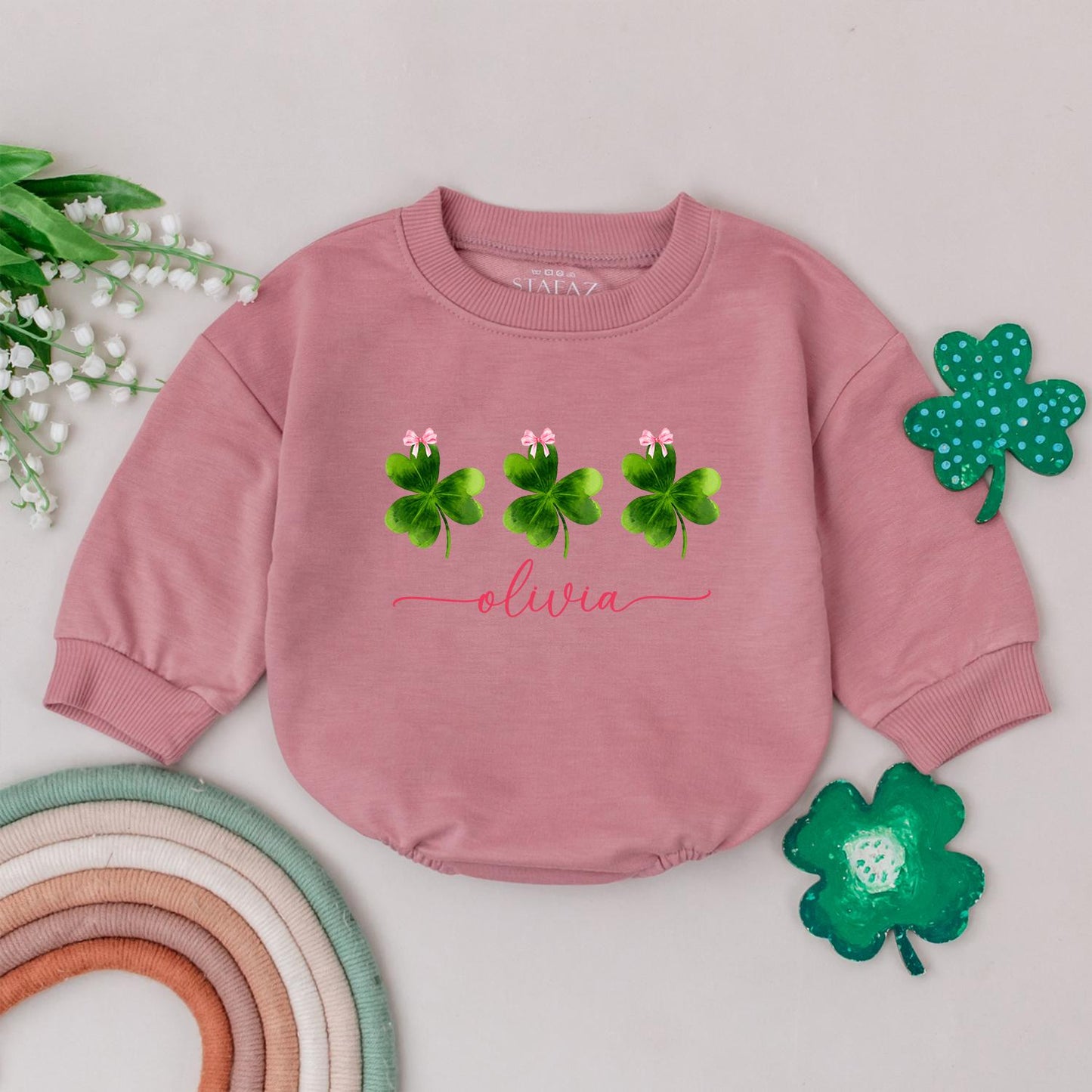 Personalized Clover Romper: Lucky Name Sweatshirt Outfit for Baby Girl, St. Patrick's Day Irish Gift, Four Leaf Clover Newborn Outfit, Custom Name 135 chars