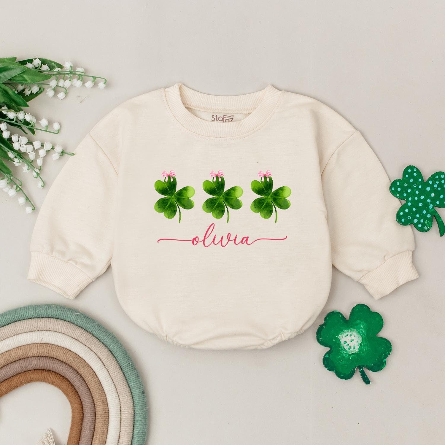 Personalized Clover Romper: Lucky Name Sweatshirt Outfit for Baby Girl, St. Patrick's Day Irish Gift, Four Leaf Clover Newborn Outfit, Custom Name 135 chars