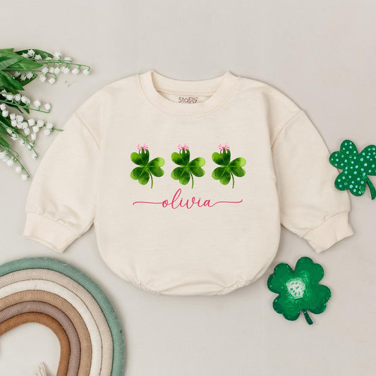 Personalized Clover Romper: Lucky Name Sweatshirt Outfit for Baby Girl, St. Patrick's Day Irish Gift, Four Leaf Clover Newborn Outfit, Custom Name 135 chars