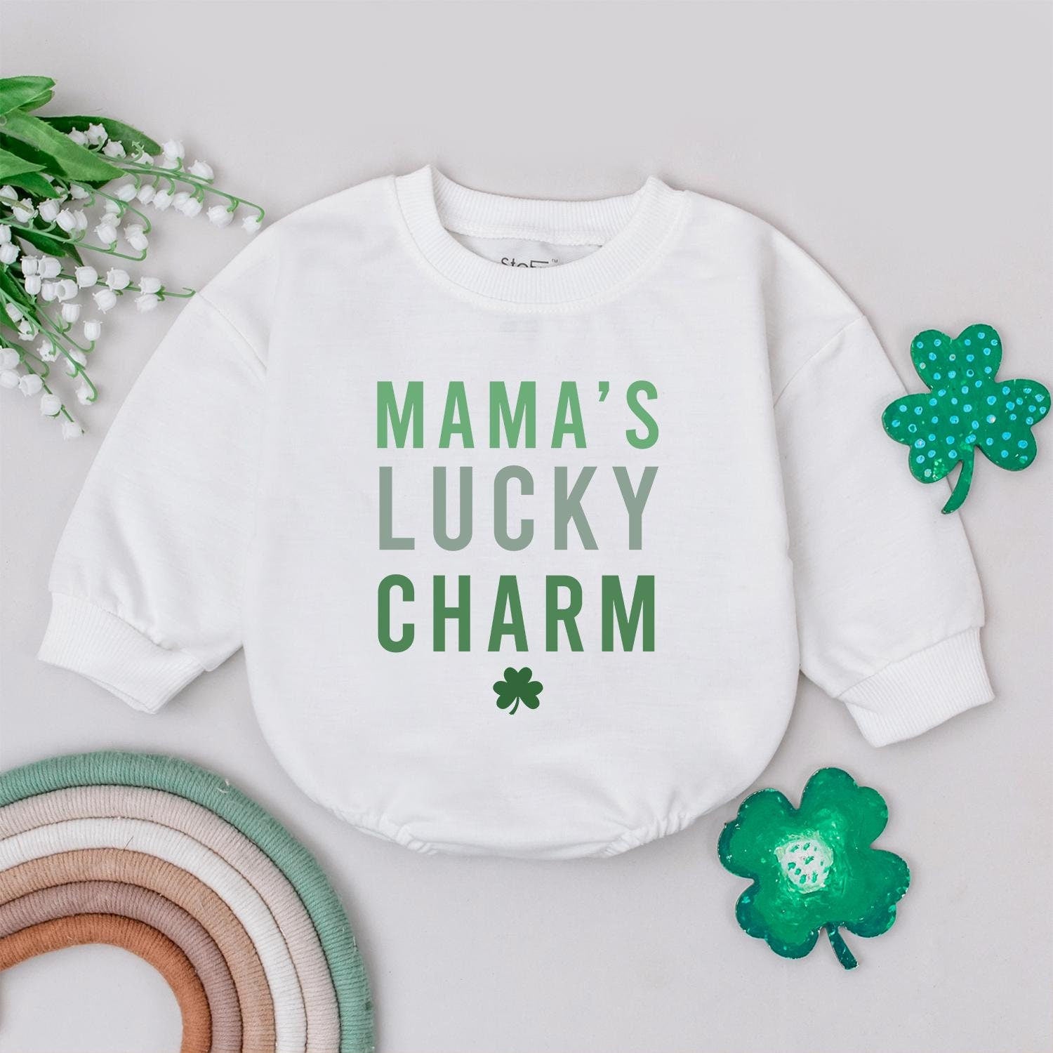 Mama's Lucky Charm Romper St Patrick's Day Baby Bodysuit Green Four Leaf Clover Irish Baby Gift Newborn Outfit