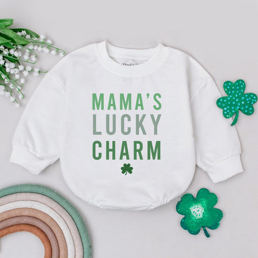 Mama's Lucky Charm Romper St Patrick's Day Baby Bodysuit Green Four Leaf Clover Irish Baby Gift Newborn Outfit