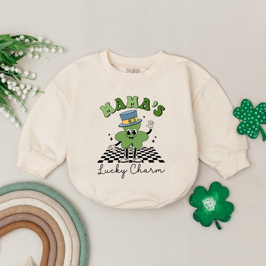 Retro Mama's Lucky Charm Baby Romper St. Patrick's Day Four Leaf Clover Newborn Irish Baby Gift Outfit