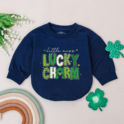 Little Miss Lucky Charm Romper, St. Patrick's Day Baby Bodysuit Outfit, Four Leaf Clover Newborn Romper, Irish Baby Gift, Shamrock, Soft Cotton (138 chars)