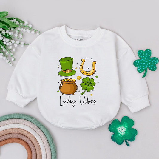 Lucky Vibes Baby Romper St. Patrick's Day Outfit for Baby Boy or Girl, Irish Baby Gift, Four Leaf Clover Newborn Bodysuit, Lucky Baby