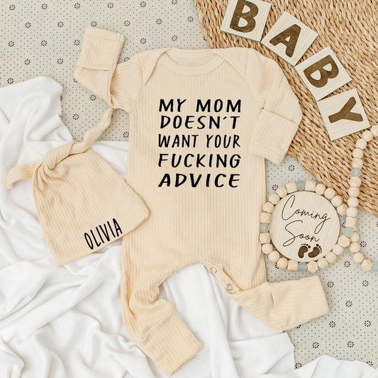 Funny Baby Bodysuit & Hat Set My Mom Doesn't Watch Your F**king Advice Cute Neutral Newborn Gift Outfit