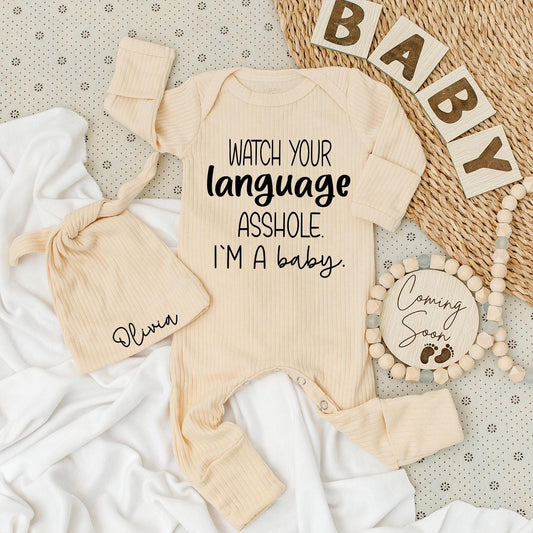 Funny "Watch Your Language A**Hole" Baby Bodysuit & Hat Set - Cute Neutral Romper Outfit, Unique Newborn Shower Gift for Baby Boys & Girls (Cotton)