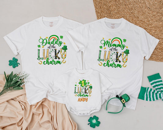 Personalized Lucky Charm Birthday Outfits Matching Mommy and Me St. Patrick's Day Green Gold Shamrock Horseshoe Family Tees