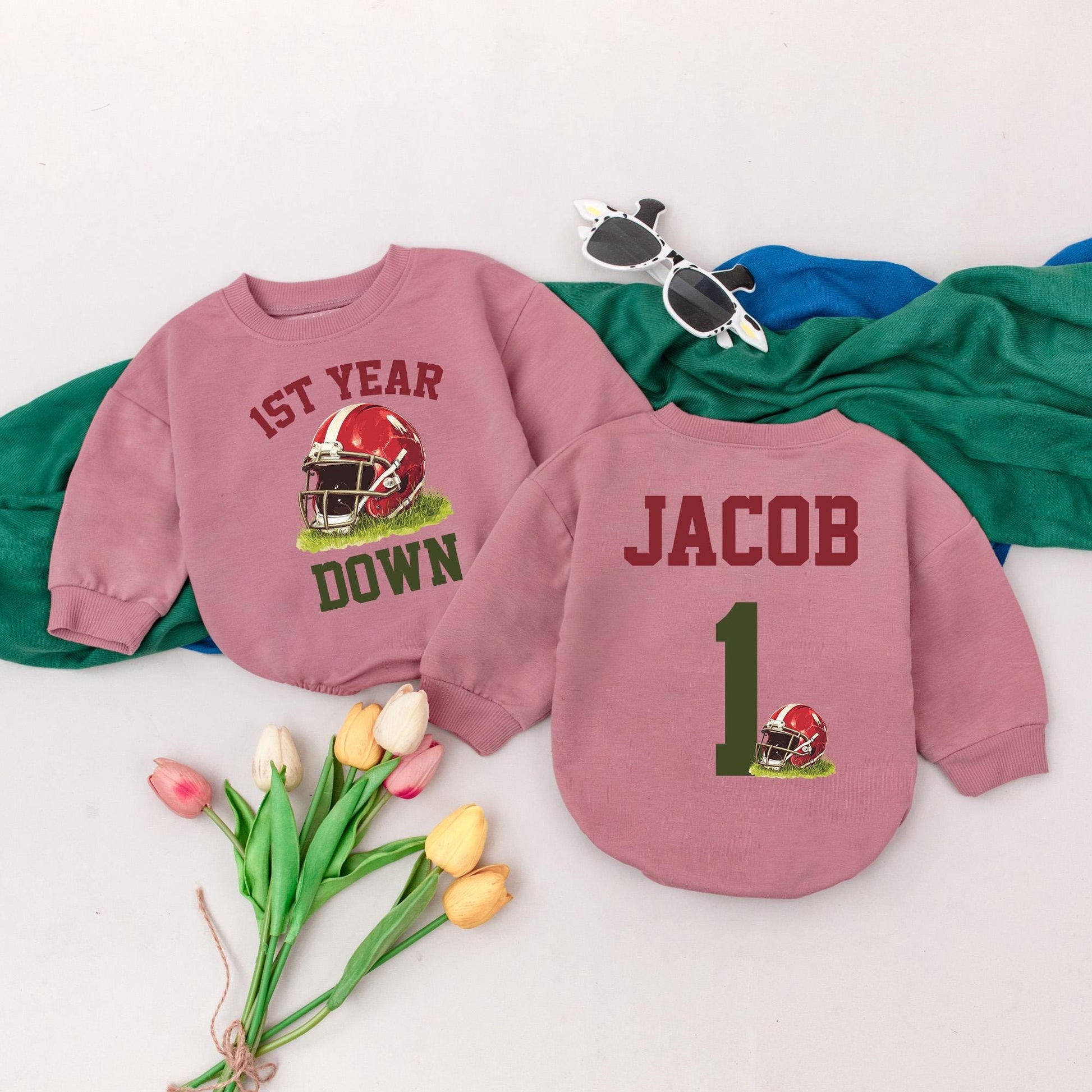 Football First Birthday Boy Romper 'First Year Down' Personalized Custom Name Design Baby Clothes Party Outfit