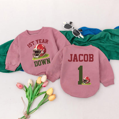 Football First Birthday Boy Romper 'First Year Down' Personalized Custom Name Design Baby Clothes Party Outfit