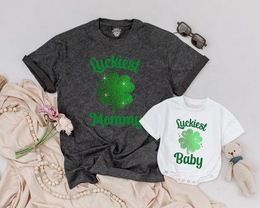 Matching St. Patrick's Day Mommy and Me Shirts, Bling Shamrock Outfit, Personalized Luckiest Baby/Mommy Tee, 1st St Patricks Day Family