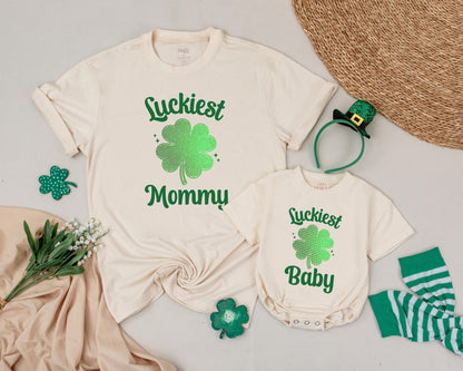 Matching St. Patrick's Day Mommy and Me Shirts, Bling Shamrock Outfit, Personalized Luckiest Baby/Mommy Tee, 1st St Patricks Day Family