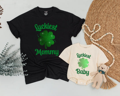 Matching St. Patrick's Day Mommy and Me Shirts, Bling Shamrock Outfit, Personalized Luckiest Baby/Mommy Tee, 1st St Patricks Day Family