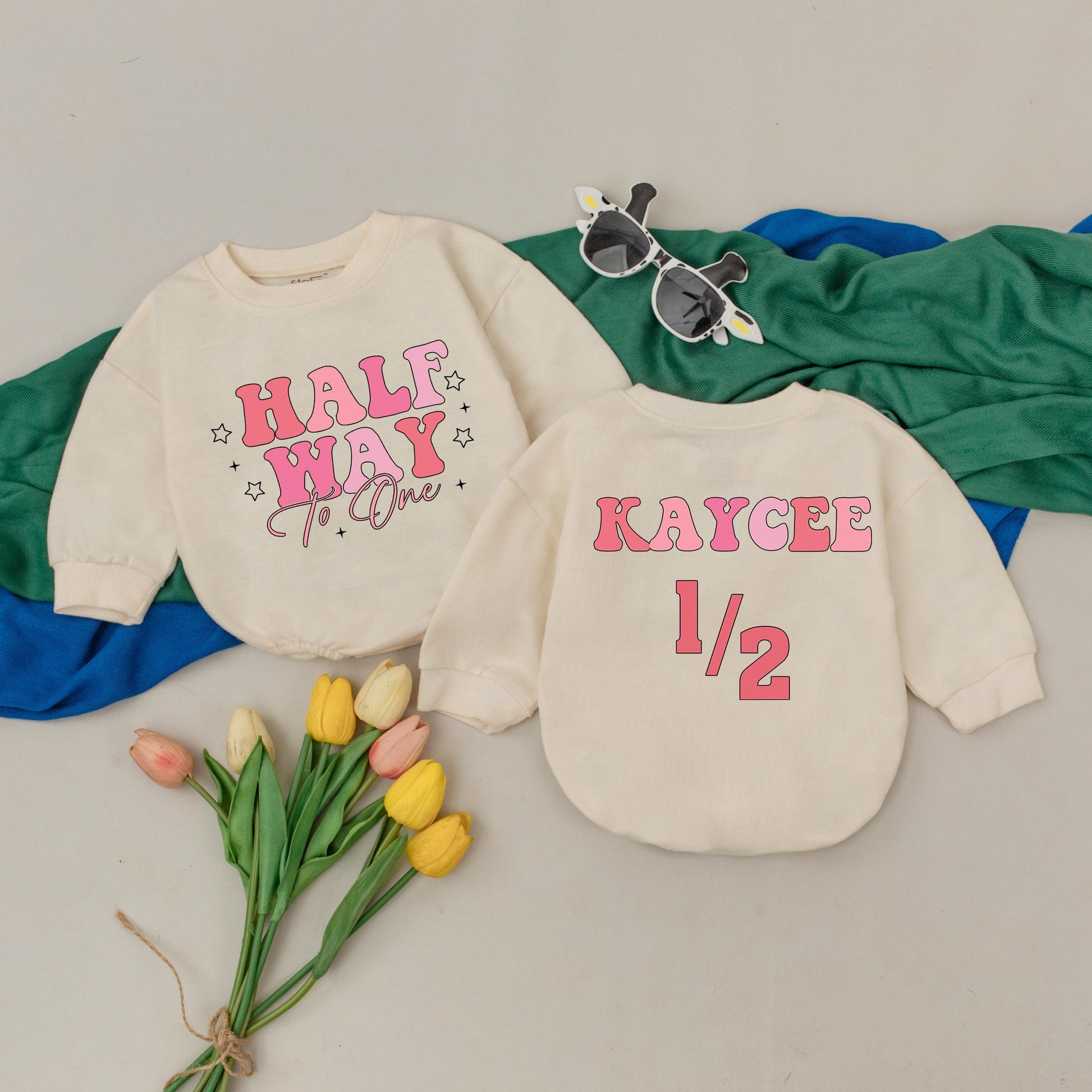 Half Way To One Romper for Baby Girl Personalized 6 Months Birthday Outfit Gift
