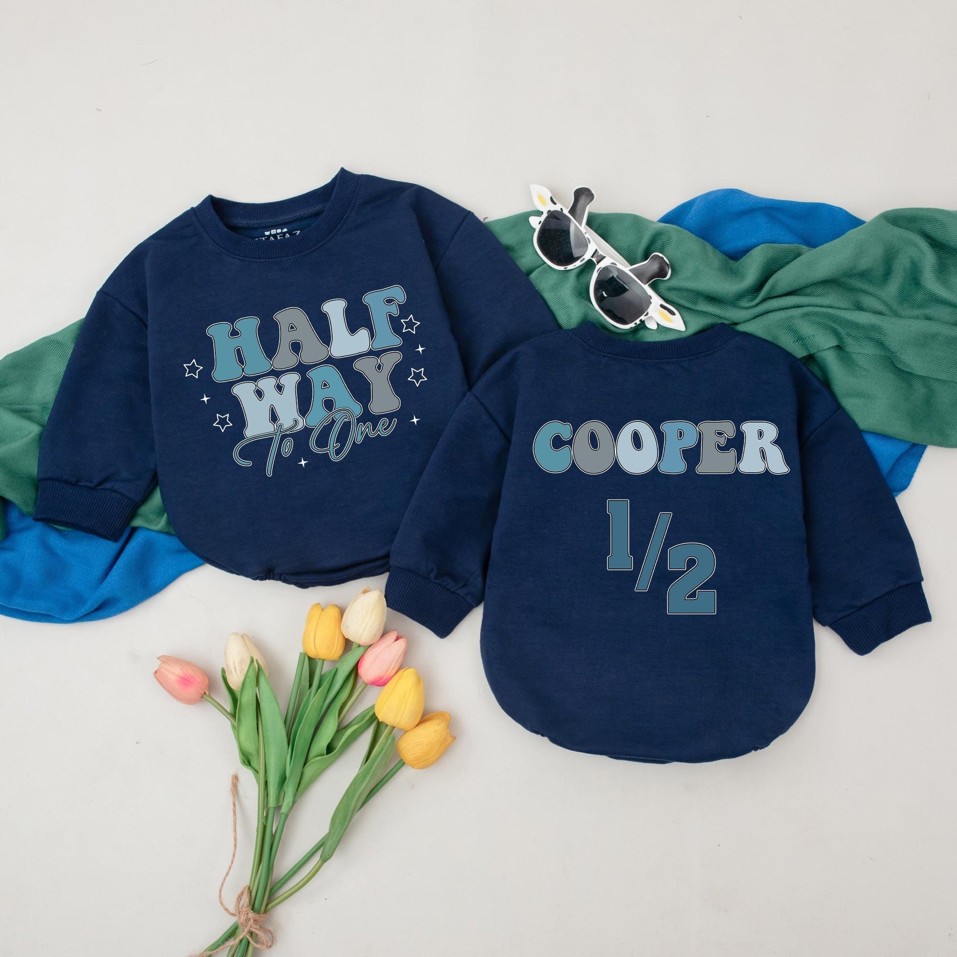 Half Way To One Blue Gradient Romper 6 Month Birthday Boy Outfit with Star & Plus Sign Details, Personalized Cooper 1/2 Baby Gift